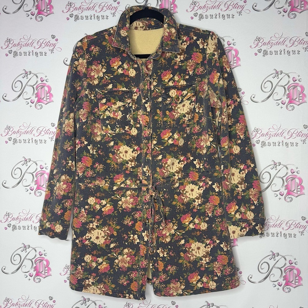Floral jacket coat button up floral faded wash distressed gold buttons flowers
